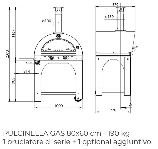 Forno a gas per pizza da esterno in acciaio con ruote tetto in acci